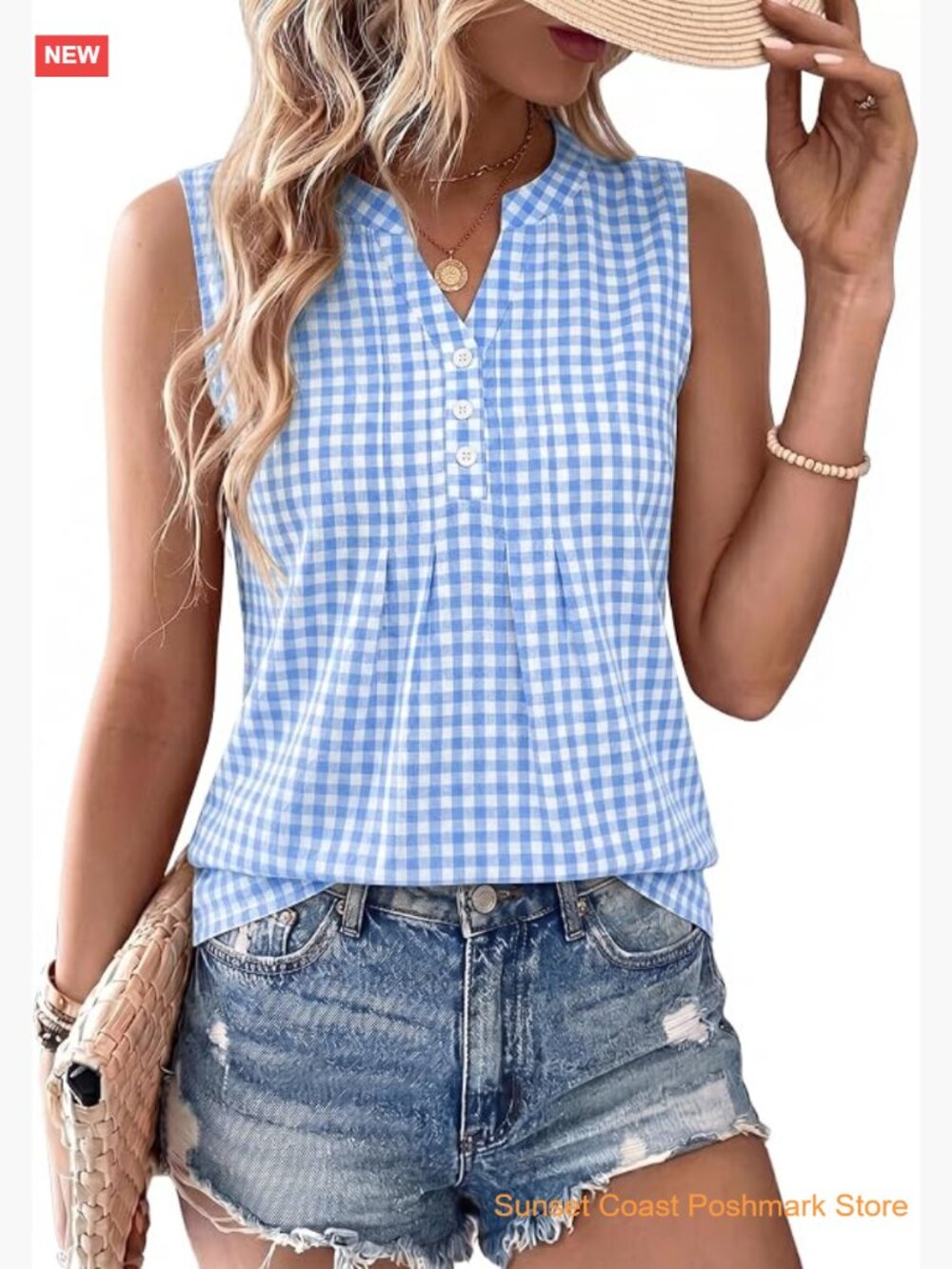 Womens Cotton Linen Tank Top V Neck Pleated Sleeveless Henley Blouse